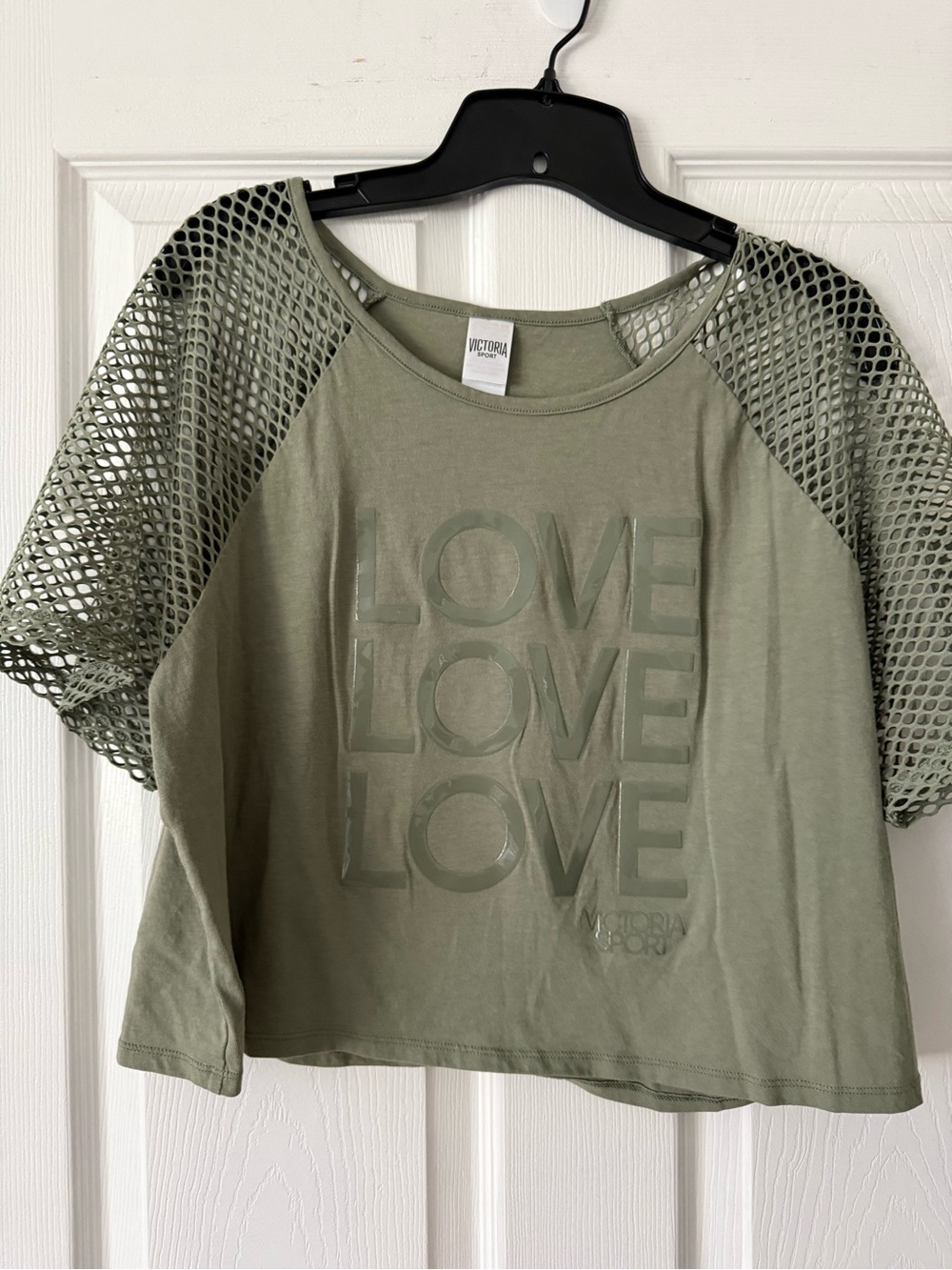 VS Sport Olive Green 'LOVE' Mesh Sleeve Crop Top